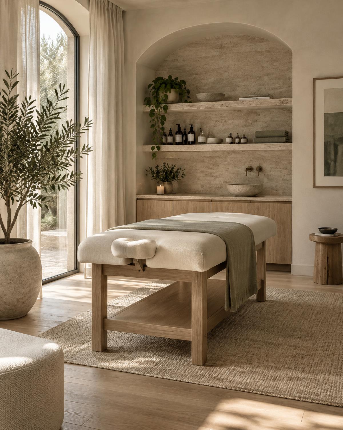 A calm treatment room with light oak, travertine stone, linen, and an olive tree in window light